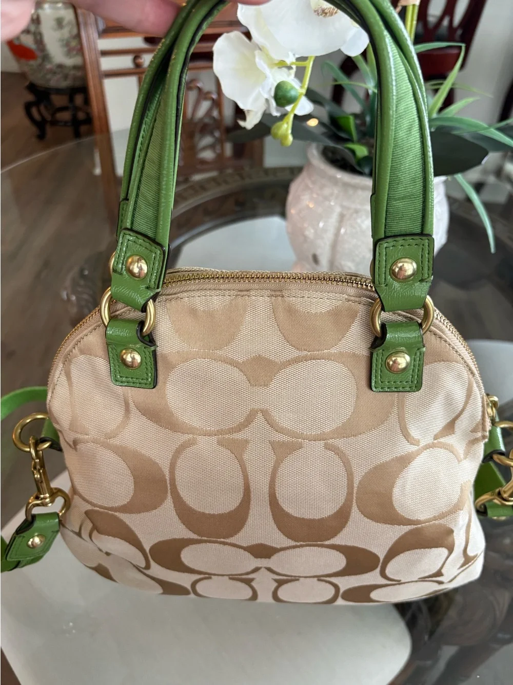 ππCOACH POPPY DAISY SIGNATURE KHAKI JACQUARD & CHARTREUSE LEATHER BAG!ππ - Picture 2 of 10